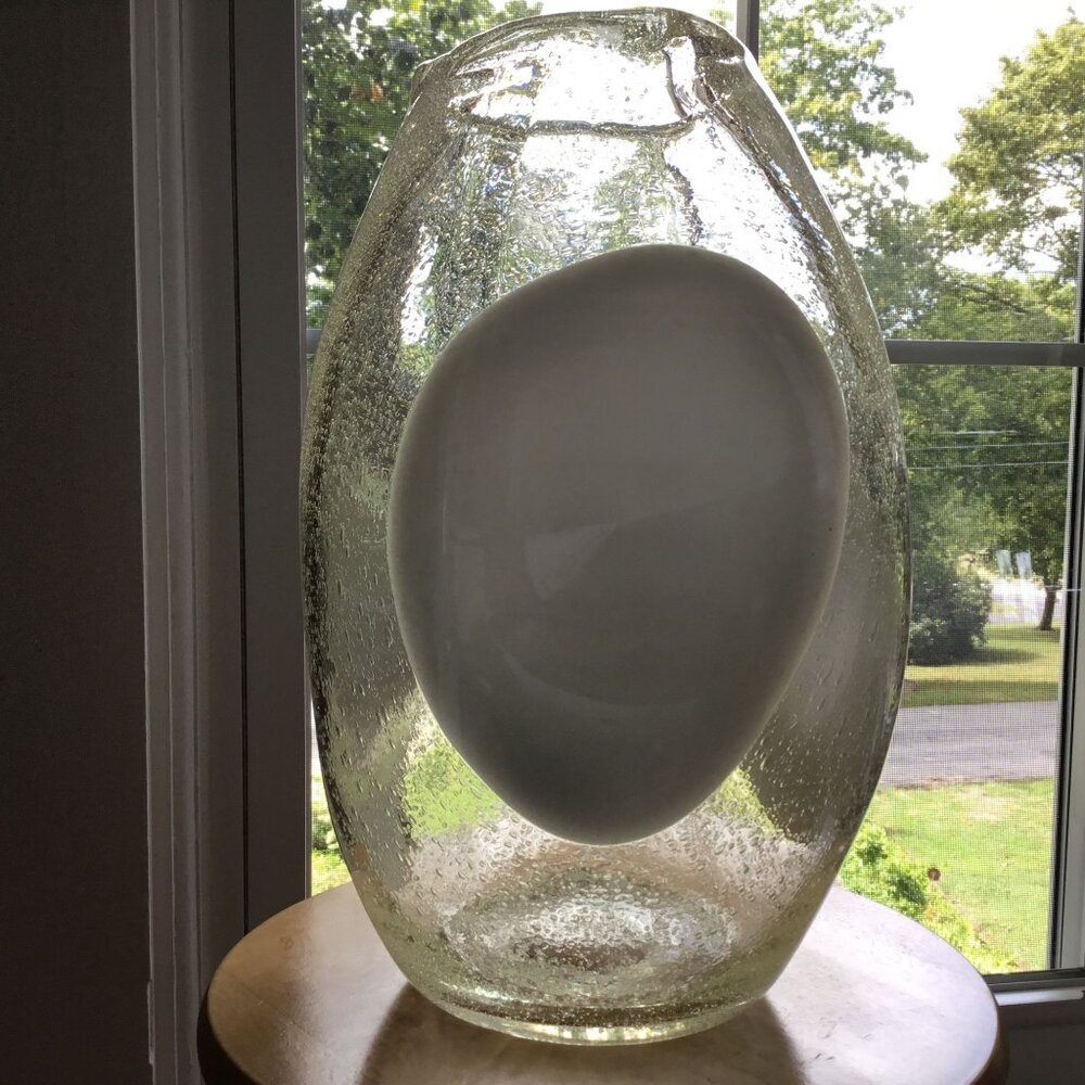VTG Italian Murano Style Pulegoso Glass Vase White Orb Heavy MCM Art Glass 14"